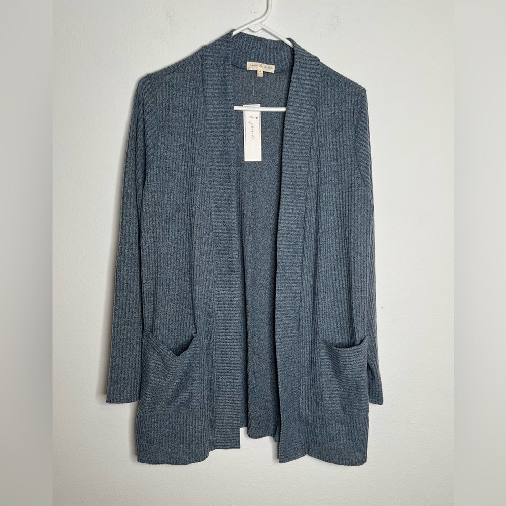 Joie De Vivre Open Front Cardigan Women Sweater Size M Blue Gray Pockets
